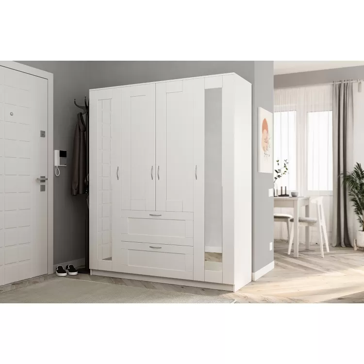 Шкаф распашной Сириус 4-х створчатый 1 ящик с 2-мя зеркалами, 1900х1561х502 (ВхШхГ), (белый)